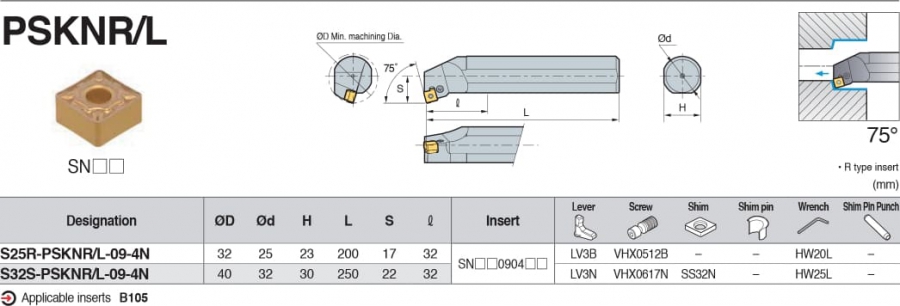 Cán dao tiện lỗ 75° PSKNR/L Korloy