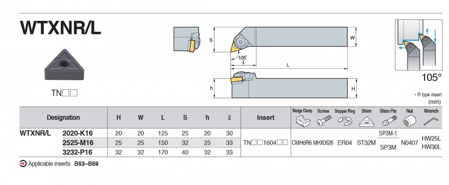 Cán dao tiện ngoài 105° WTXNR/L Korloy (kẹp kiểu nêm)