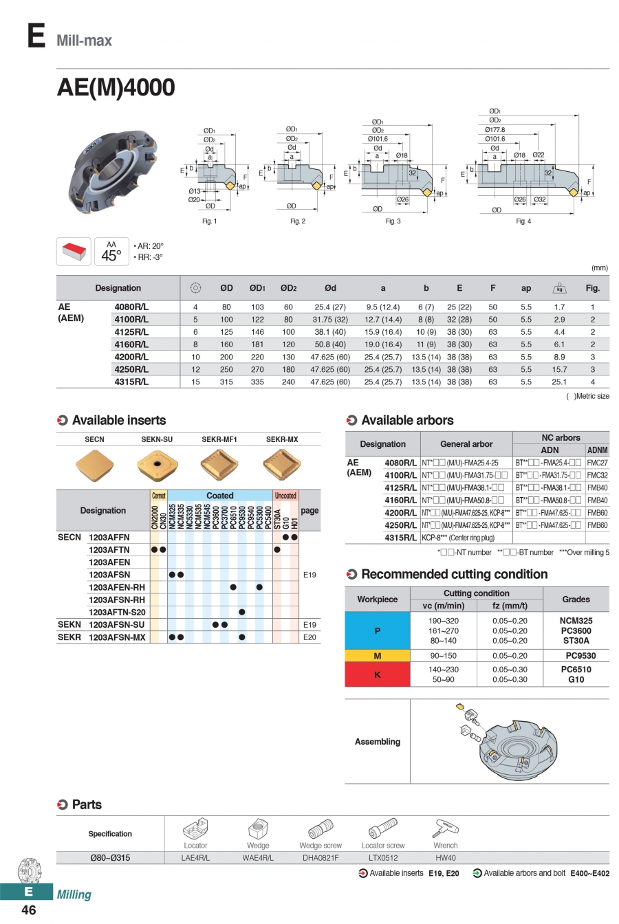 Đài dao phay mặt góc 45° AE(M)4000 Korloy