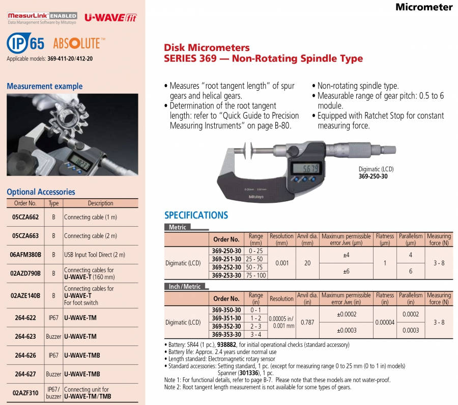 Panme điện tử đo bước răng Mitutoyo 369-351-30 (1-2”/25-50mm)