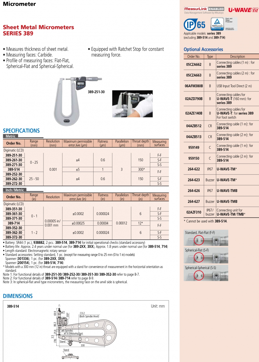 Panme điện tử đo tấm kim loại Mitutoyo 389-261-30 (0-25/0.001mm)