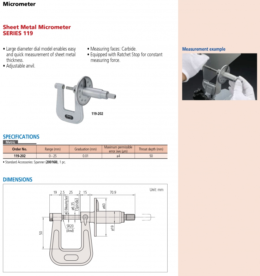 Panme cơ khí đo tấm kim loại Mitutoyo 119-202 (0-25/0.01mm)