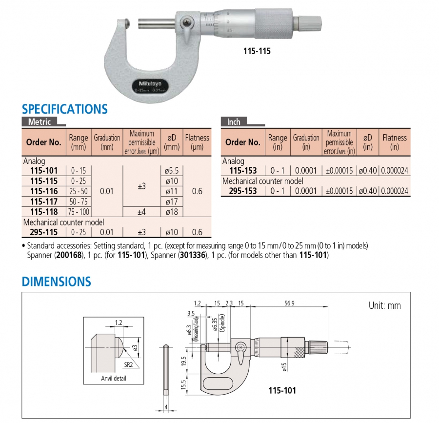 Panme cơ khí đo thành ống Mitutoyo 115-117 (50-75/0.01mm)