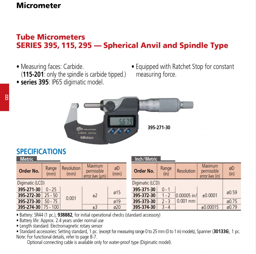 Panme điện tử đo thành ống Mitutoyo 395-272-30 (25-50/0.001mm)