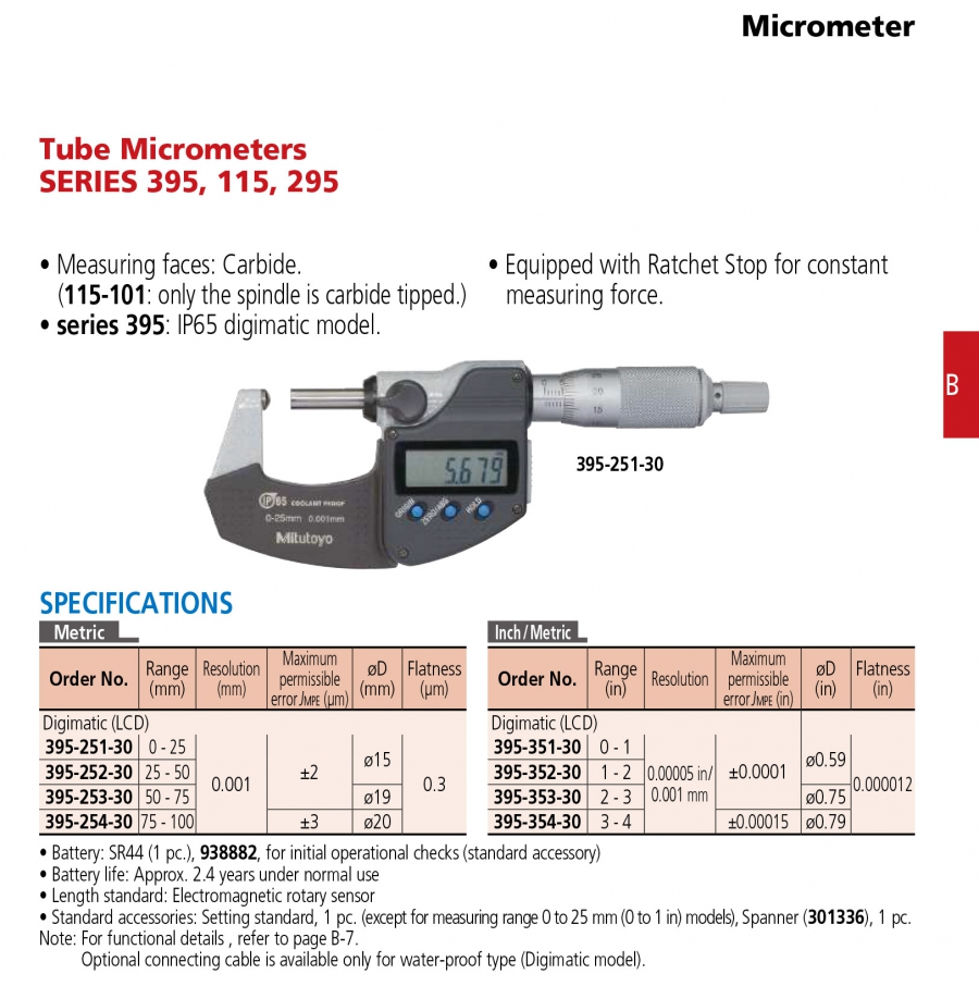 Panme điện tử đo thành ống Mitutoyo 395-352-30 (1-2”/25-50mm)