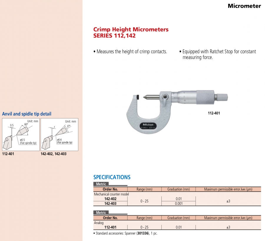 Panme cơ khí đo mép gấp Mitutoyo 142-401 (0-25mm/0.01mm)
