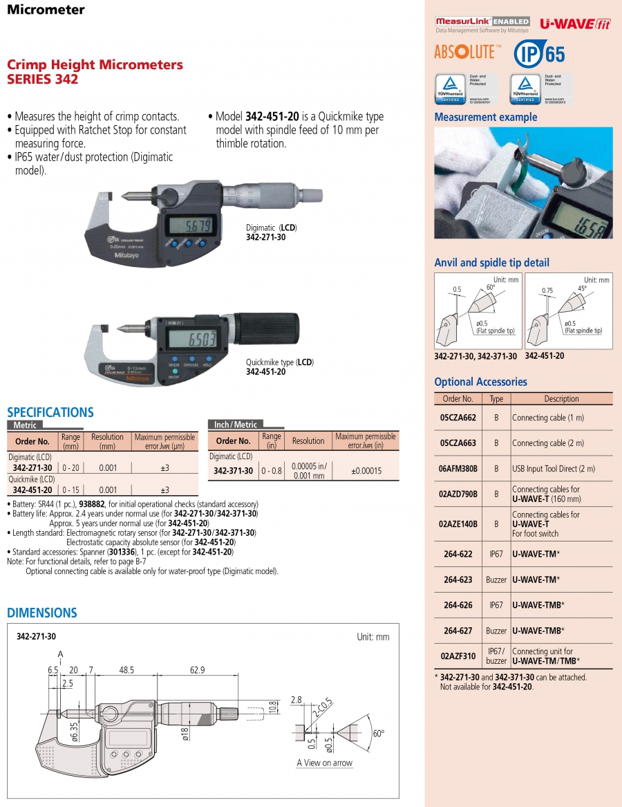 Panme điện tử đo mép gấp Mitutoyo 342-451-20 (0-15/0.001mm)