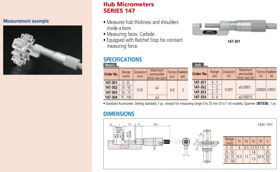 Panme đo trục bánh răng Mitutoyo 147-302 (25-50mm/0.01mm)