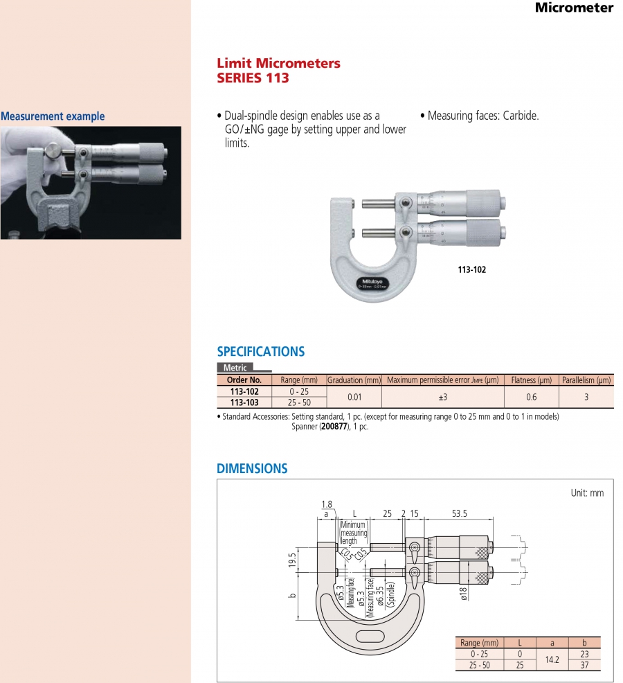 Panme cơ khí đo giới hạn Mitutoyo 113-102 (0-25mm/0.01mm)