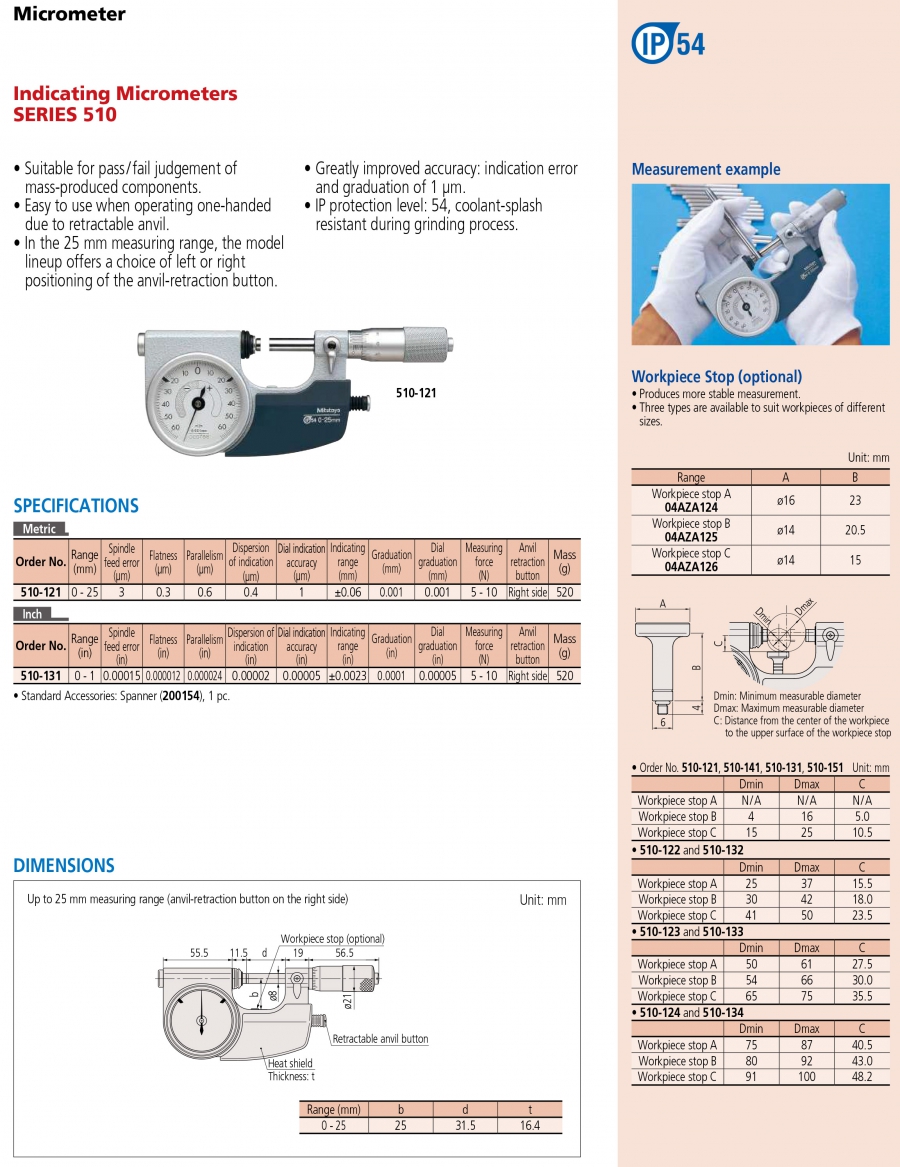 Panme đo ngoài đồng hồ Mitutoyo 510-121 (0-25mm/0.001mm)