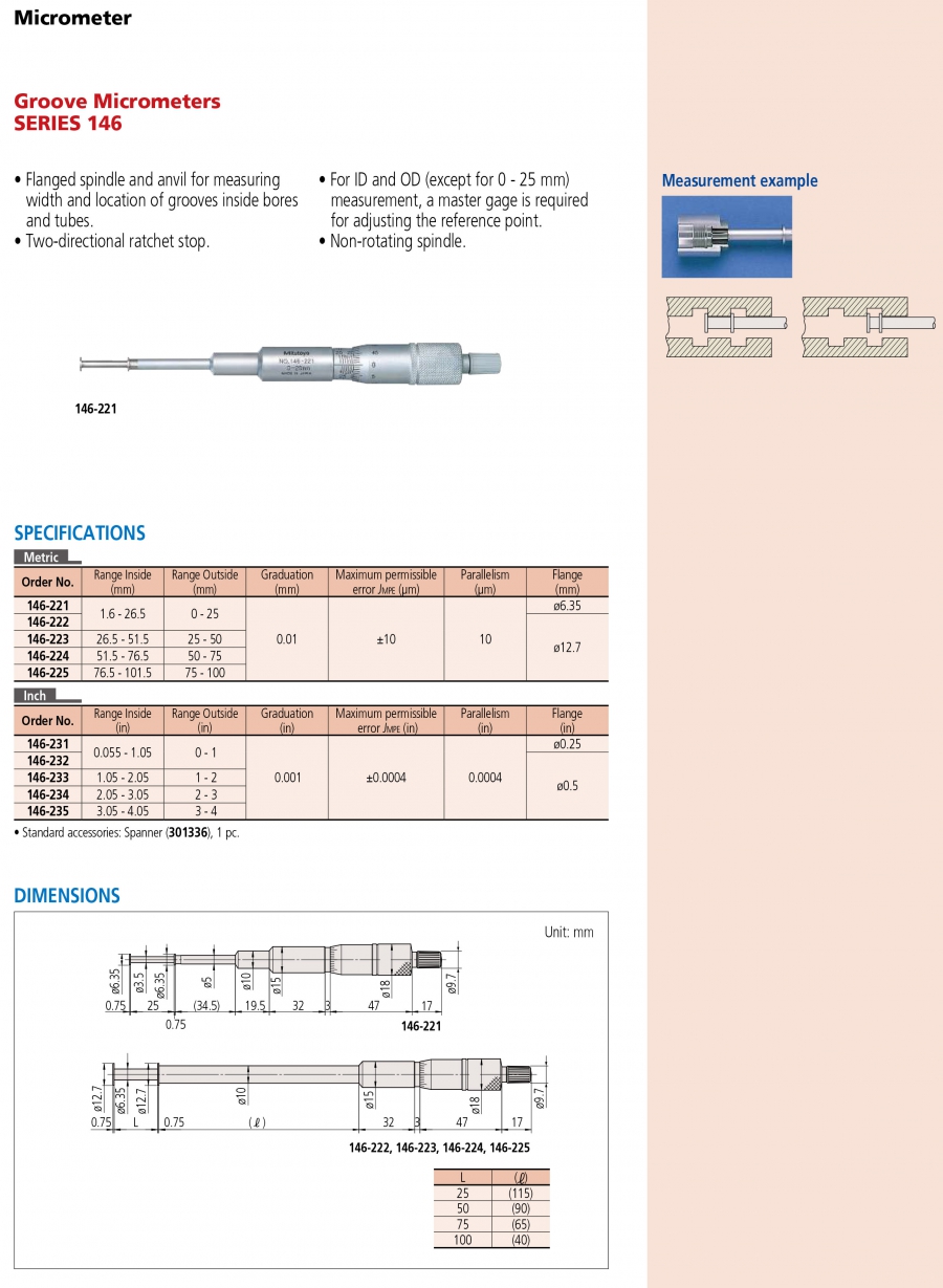 Panme cơ khí đo rãnh trong Mitutoyo 146-221 (0-25mm/ 0.01mm)