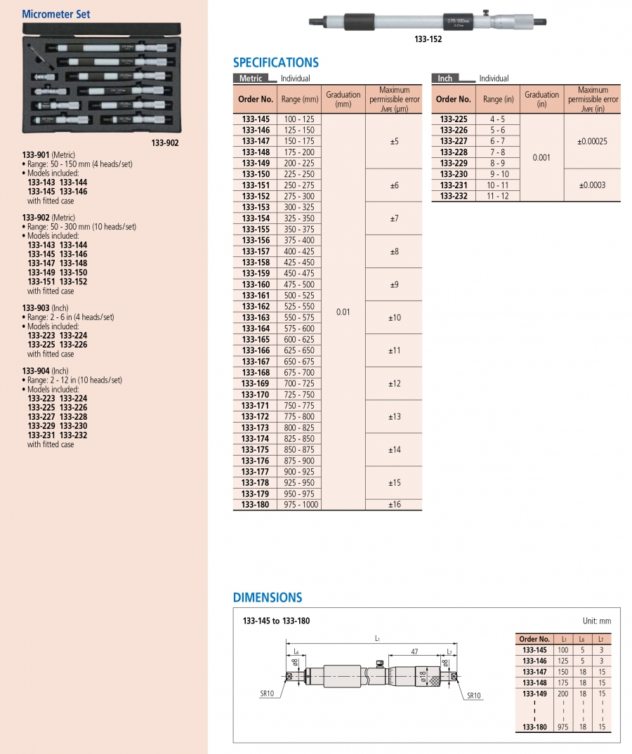 Bộ panme đo trong cơ khí Mitutoyo 133-902 (50-300mm/0.01mm)