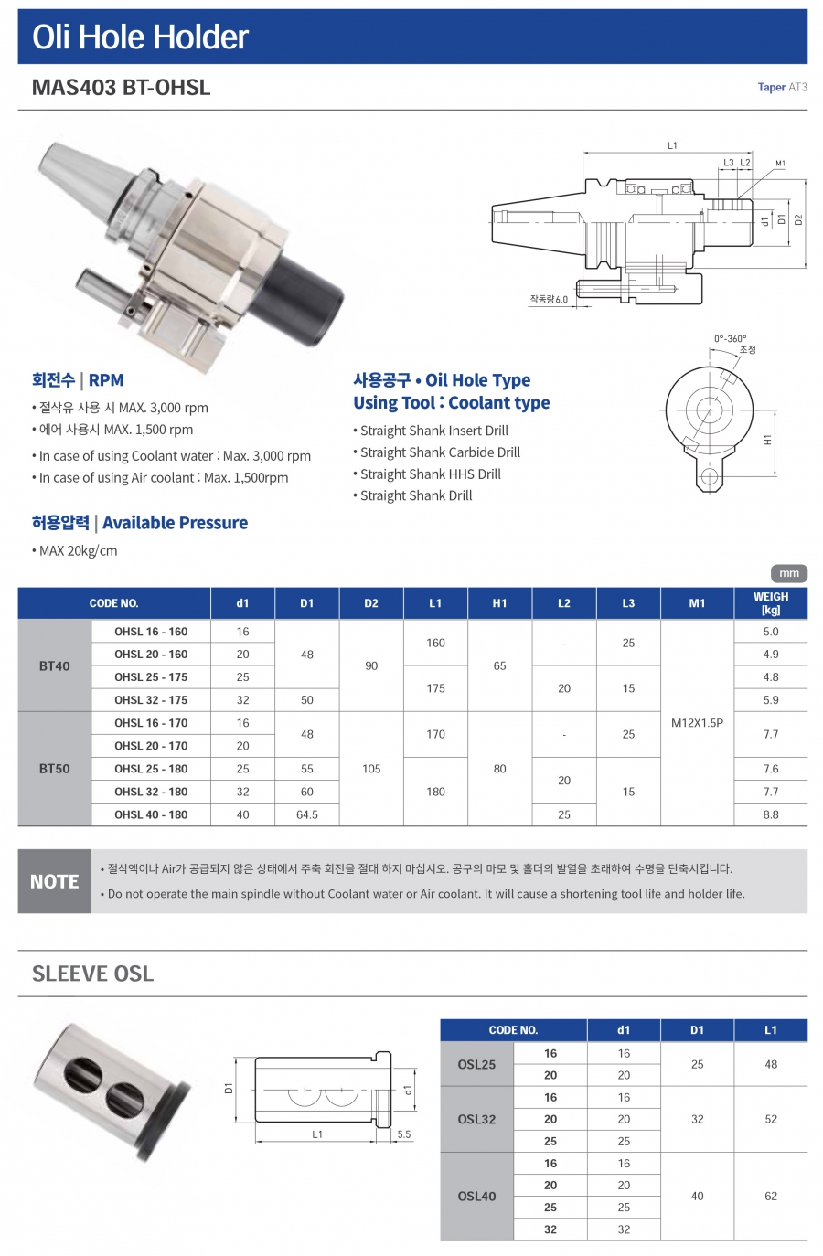 Đầu kẹp có tưới nguội BT-OHSL Jeil Solution