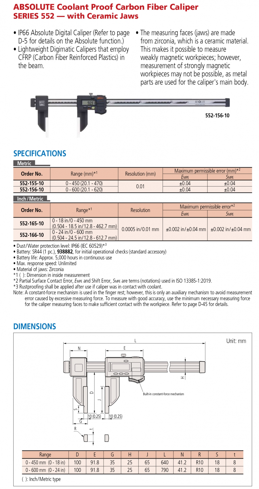 Thước cặp điện tử thân carbon Mitutoyo 552-155-10 (0-450/0.01mm)