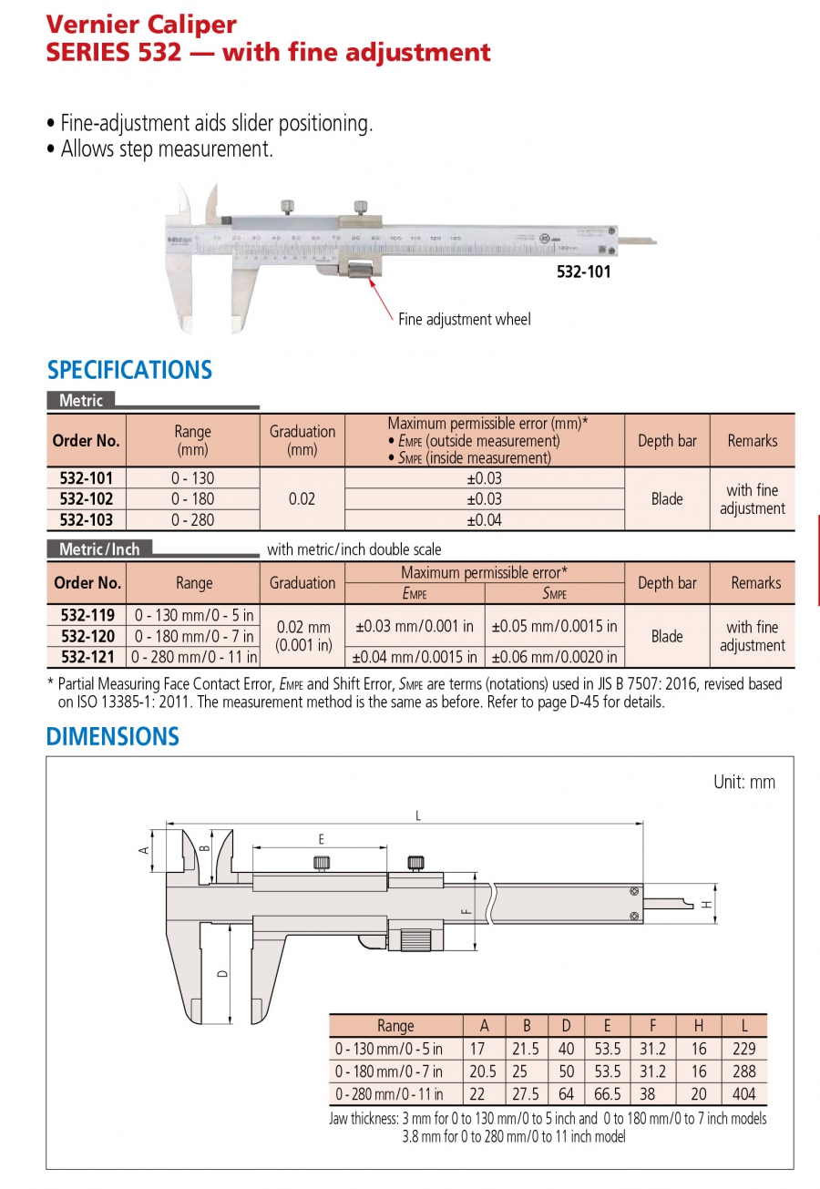 Thước cặp cơ khí có chỉnh tinh Mitutoyo 532-102 (0-180mm/0.02mm)