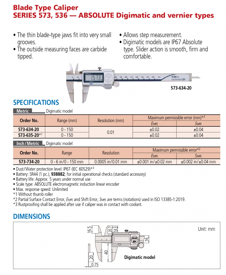 Thước cặp điện tử mỏ mỏng Mitutoyo 573-634-20 (0-150mm/0.01mm)