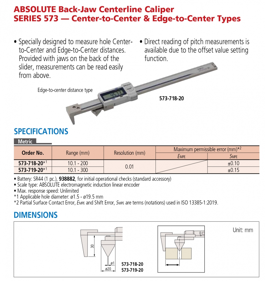 Thước cặp điện tử đo cạnh đến tâm 573-718-20 (10.1-200mm)