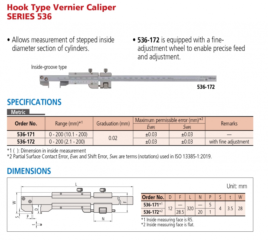 Thước cặp cơ khí đo rãnh Mitutoyo 536-171 (0-200mm/0.02mm)