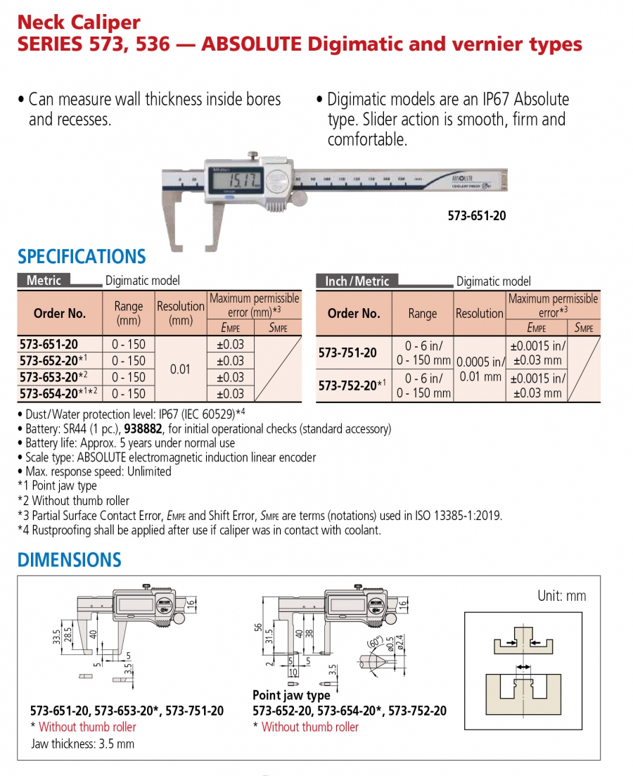 Thước cặp điện tử đo rãnh Mitutoyo 573-654-20 (0-150mm/0.01mm)