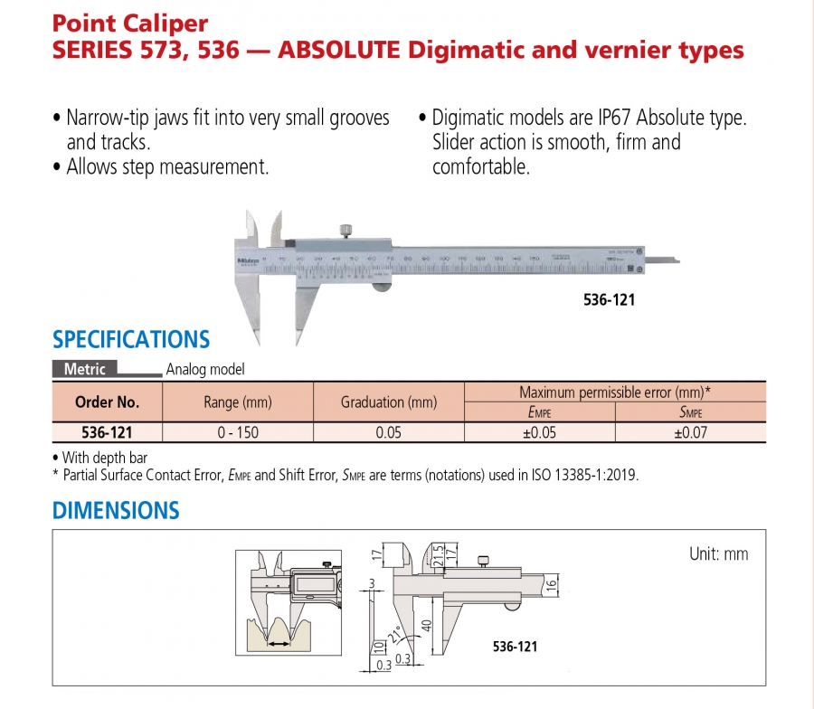 Thước cặp cơ khí mỏ nhọn Mitutoyo 536-121 (0-150mm/0.05mm)