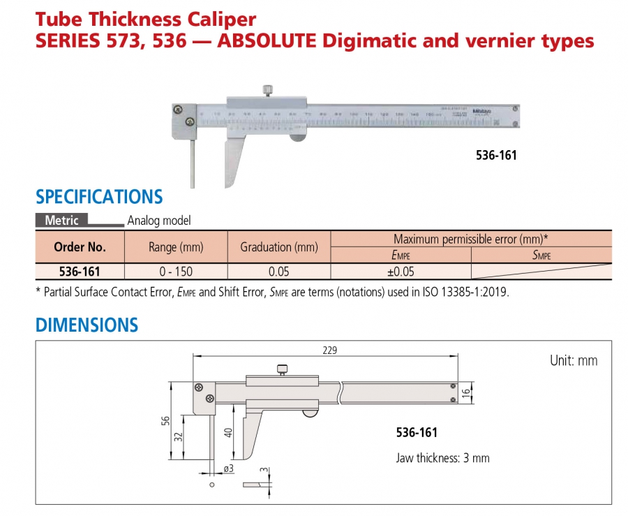 Thước cặp cơ khí đo thành ống Mitutoyo 536-161 (0-150mm/0.05mm)