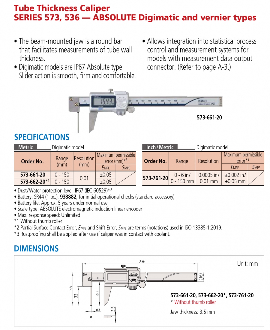 Thước cặp điện tử đo thành ống Mitutoyo 573-761-20 (0-150mm/6”)