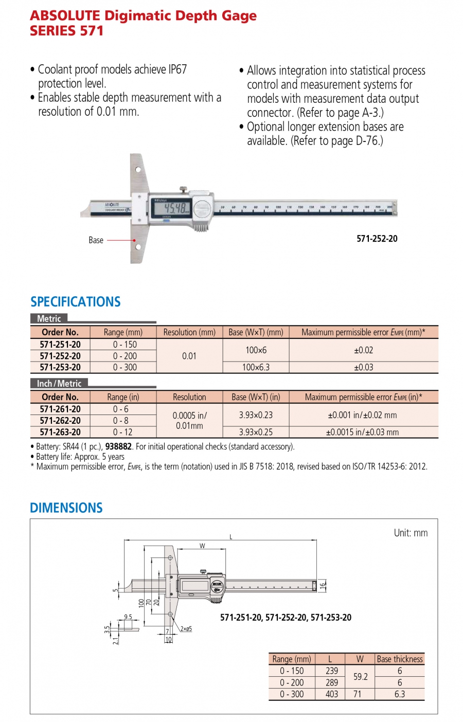 Thước đo sâu điện tử Mitutoyo 571-262-20 (0-200mm/8”)