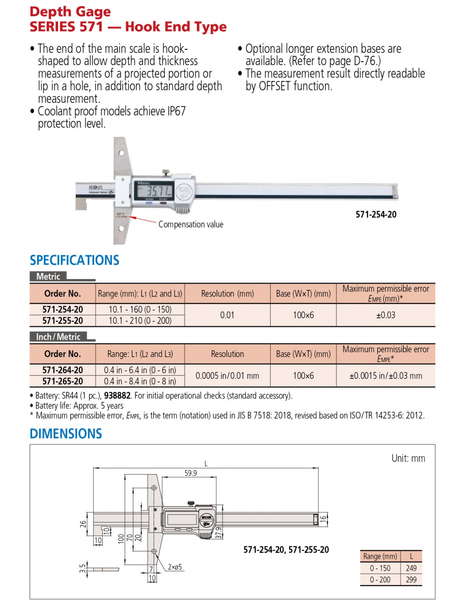 Thước đo sâu điện tử Mitutoyo 571-255-20 (10.1-210mm/0.01mm)