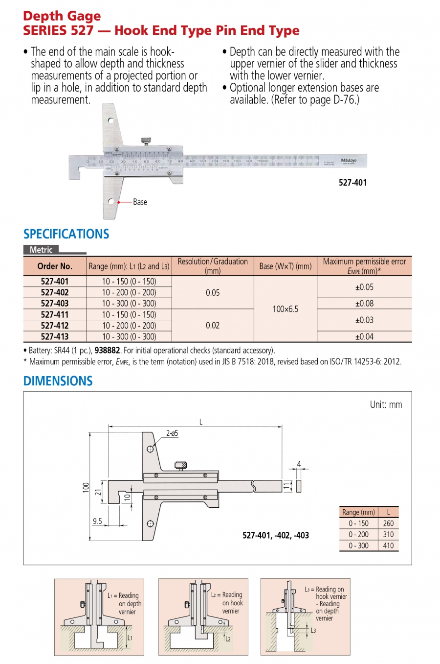 Thước đo sâu cơ khí Mitutoyo 527-413 (10-300mm/0.02mm)