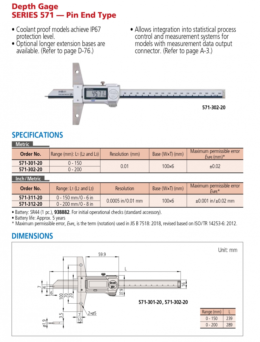 Thước đo sâu điện tử Mitutoyo 571-311-20 (0-150mm/6”)