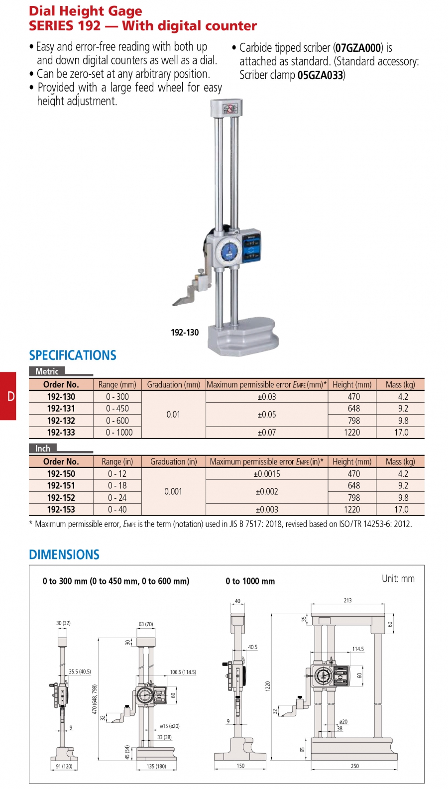 Thước đo cao đồng hồ Mitutoyo 192-133 (0-1000mm/0.01mm)