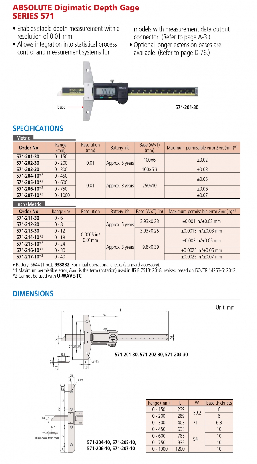 Thước đo sâu điện tử Mitutoyo 571-216-30 (0-750mm/30”)