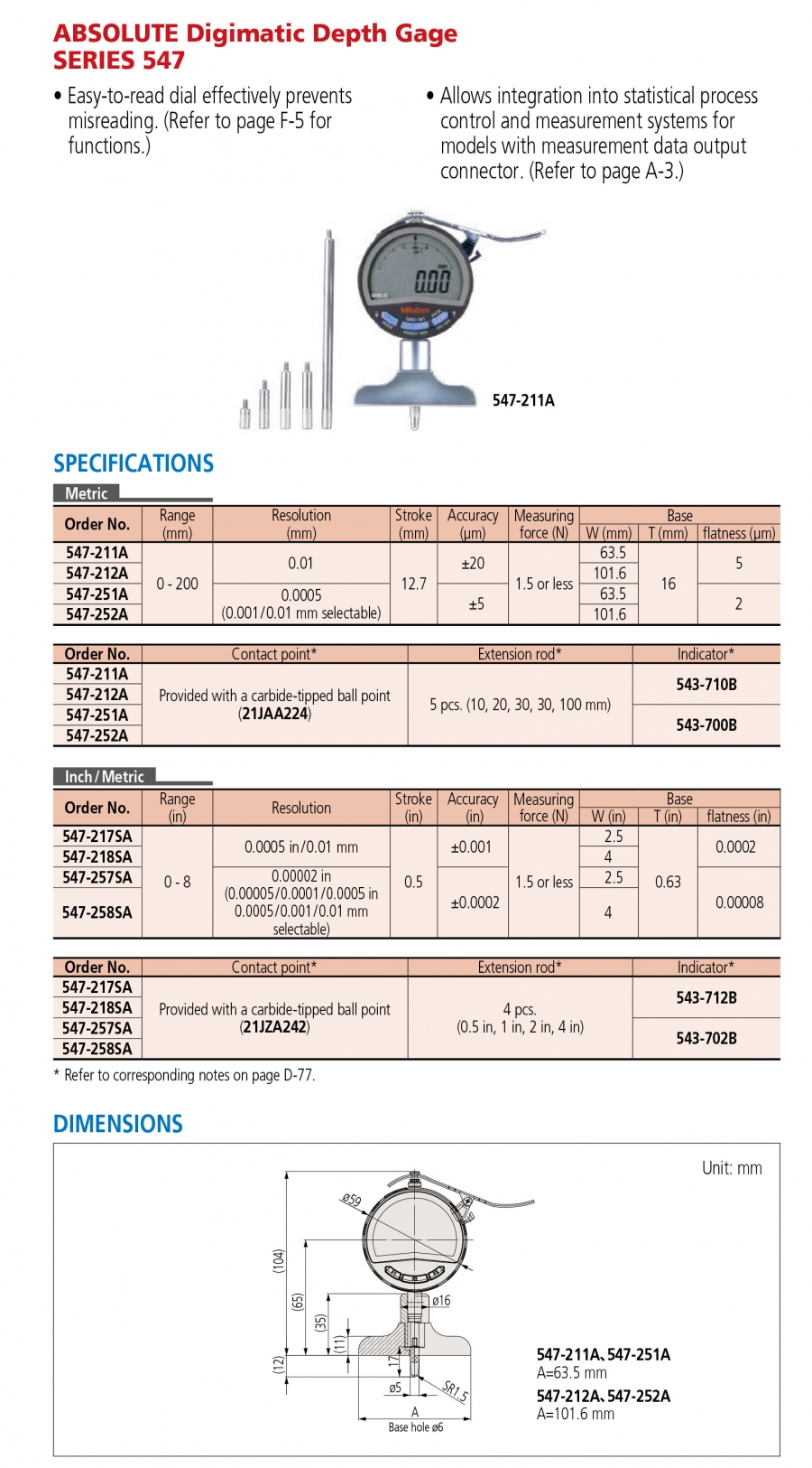 Đồng hồ đo sâu điện tử Mitutoyo 547-257SA (0-200mm/8”)