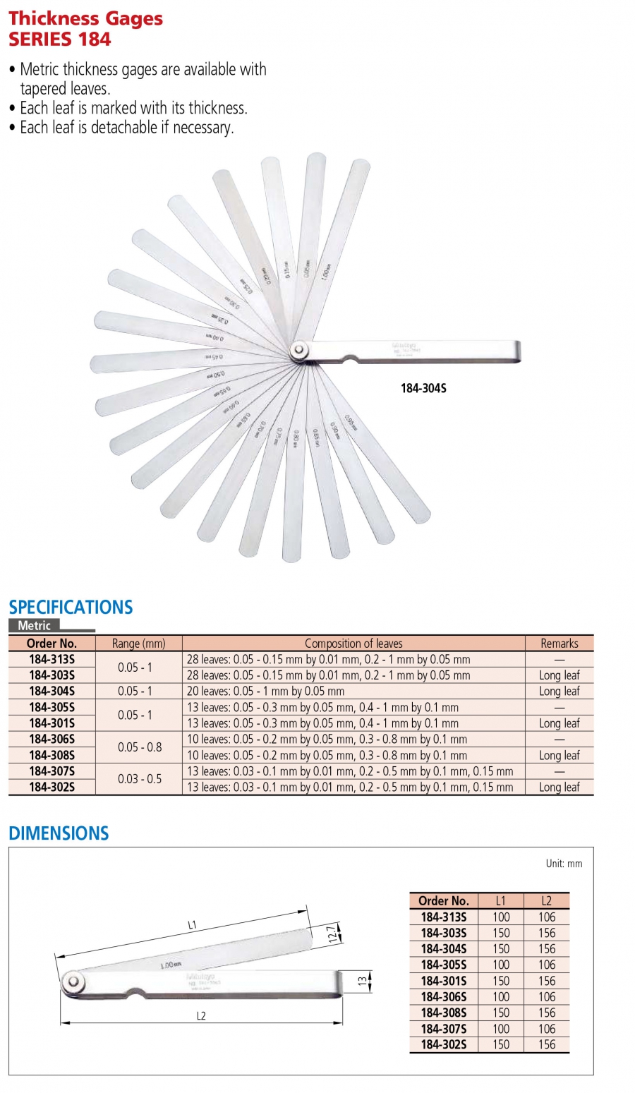 Bộ dưỡng đo khe hở Mitutoyo 184-306S (0.05-0.8mm/10 lá)