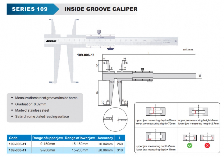 Thước cặp cơ khí đo rãnh trong 200mm Accud 109-008-11