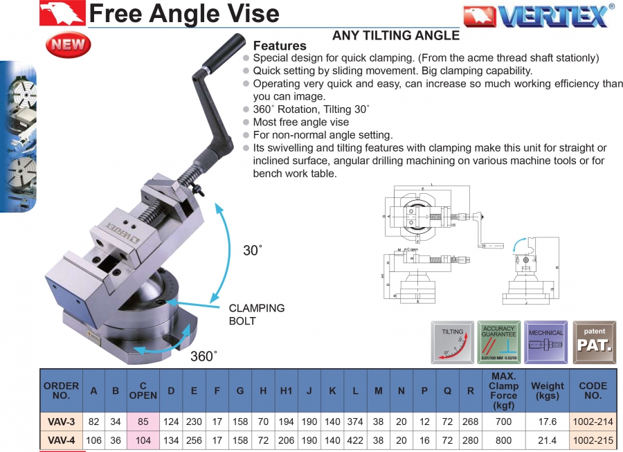 Ê tô xoay góc tự do VAV-3, VAV-4 Vertex