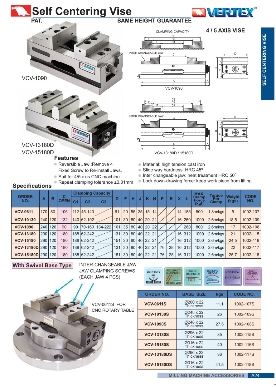 Ê tô tự định tâm VCV-13180, VCV-15180 Vertex