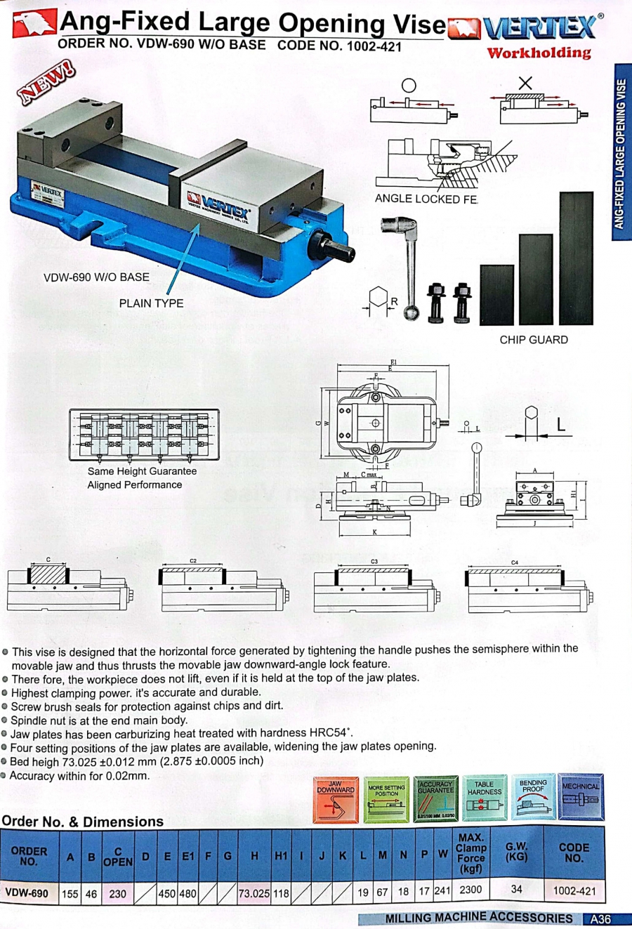 Ê tô khóa góc độ mở lớn VDW-690 Vertex