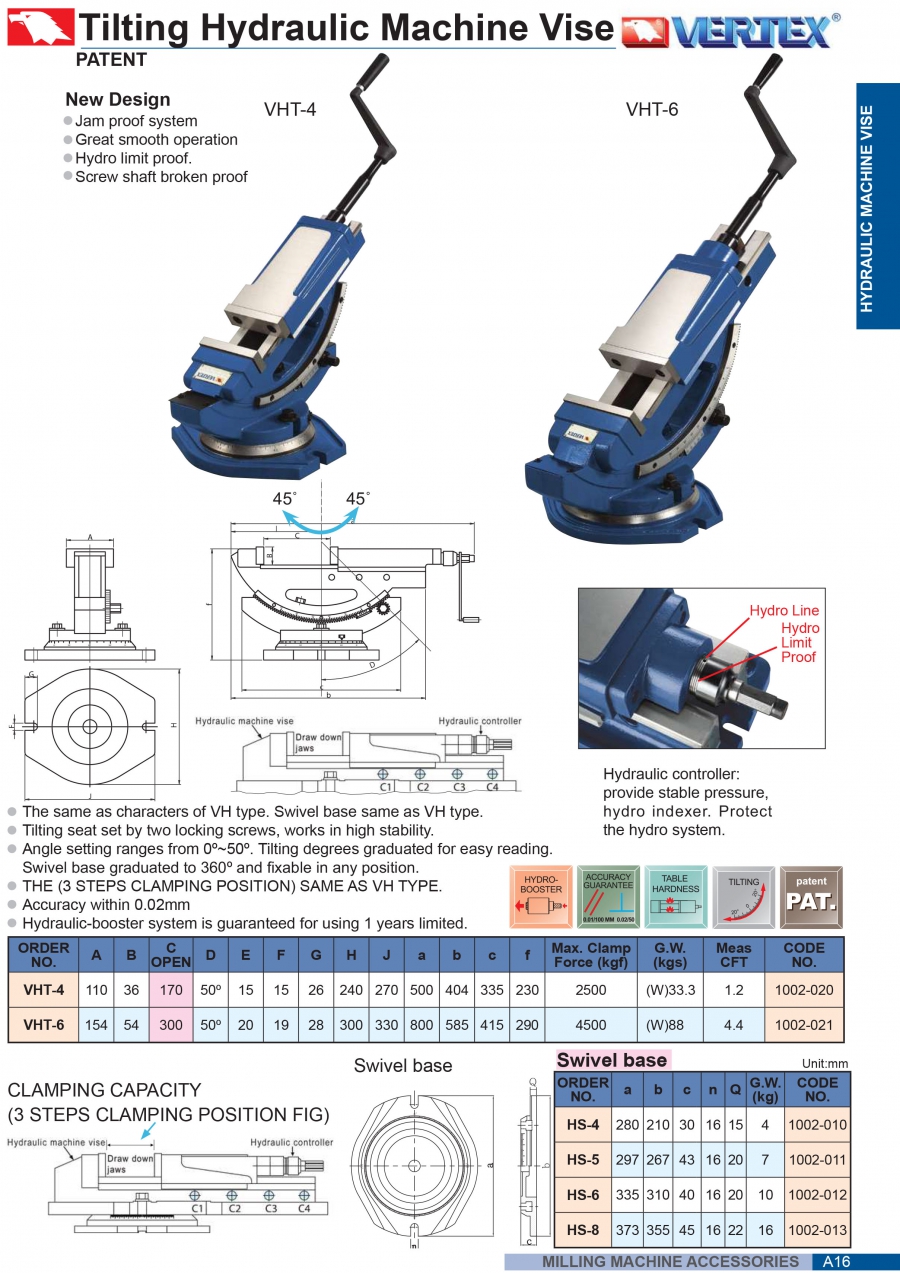 Ê tô thủy lực nghiêng VHT-4, VHT-6 Vertex