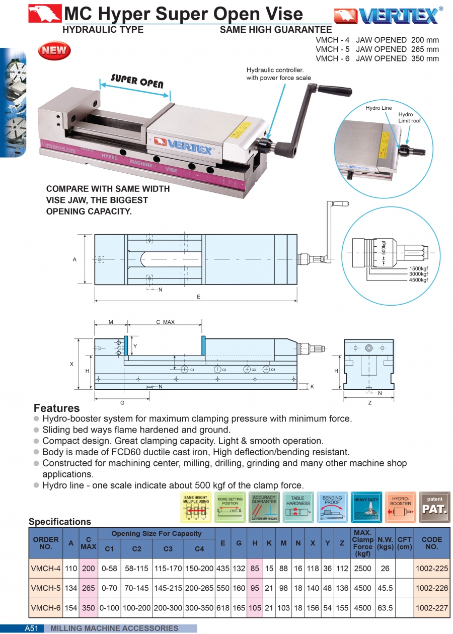 Ê tô thủy lực độ mở lớn VMCH-4, VMCH-5, VMCH-6 Vertex