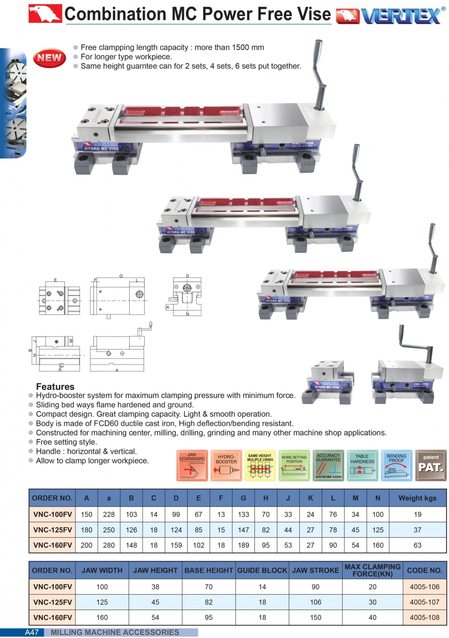 Ê tô cường lực ngàm tự do VNC-100FV, VNC-125FV, VNC-160FV