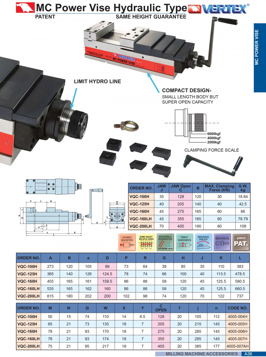 Ê tô cường lực thủy lực VQC-100H, VQC-125H, VQC-160H Vertex