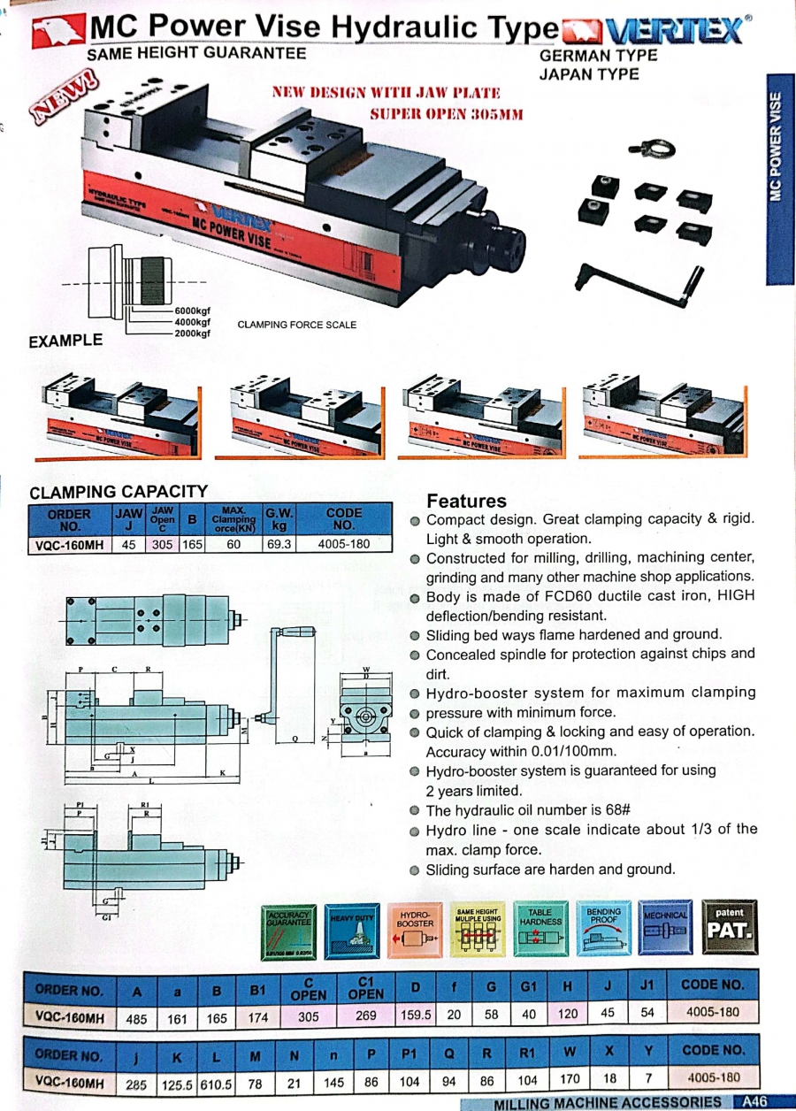 Ê tô cường lực thủy lực VQC-160MH Vertex