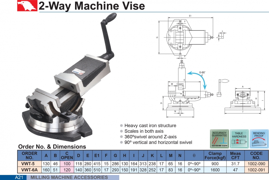 Ê tô máy phay xoay 2 chiều VWT-5, VWT-6A Vertex