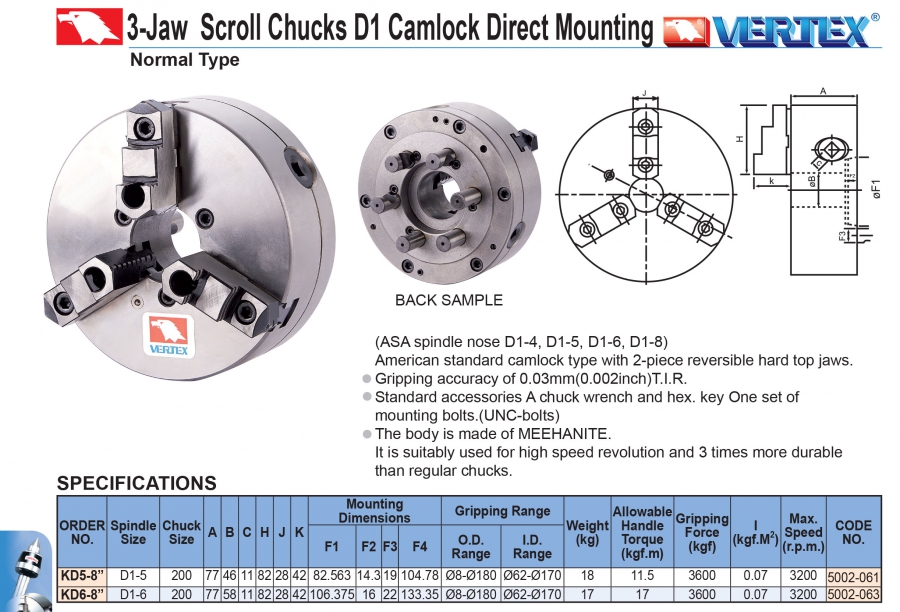 Mâm cặp máy tiện KD5-8”, KD6-8” Vertex