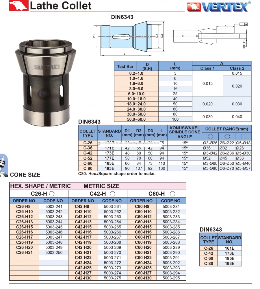 Collet máy tiện dạng lục giác C-26, C-32, C-42, C-52, C-60, C-80