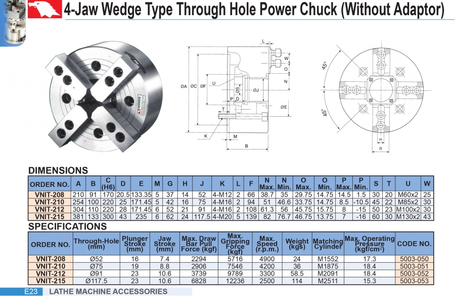 Mâm cặp thủy lực 4 chấu lỗ thông VNIT-212, VNIT-215 Vertex