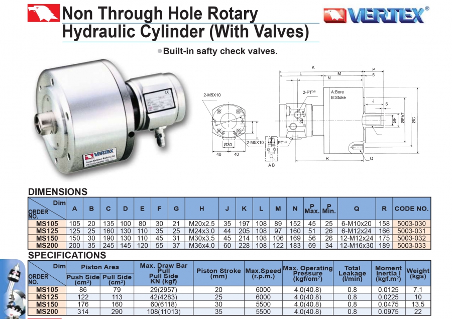 Xi lanh thủy lực lỗ bít MS105, MS125, MS150, MS200 Vertex