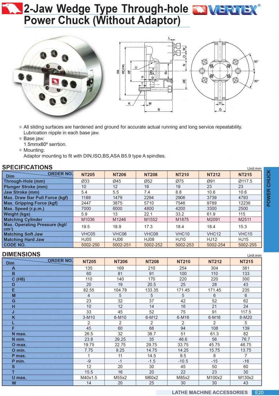 Mâm cặp thủy lực 2 chấu lỗ thông NT210, NT212, NT215 Vertex