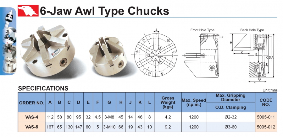 Mâm cặp 6 chấu VAS-4, VAS-6 Vertex